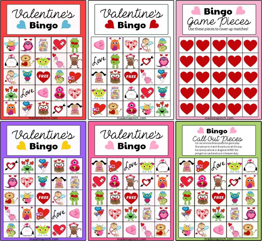 Valentine's Bingo board game cards collage image