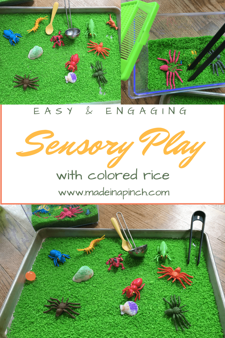 Sensory play pin for colored rice helps all kids with sensory development. For more helpful tips and recipes visit Made in a Pinch and follow us on Pinterest!