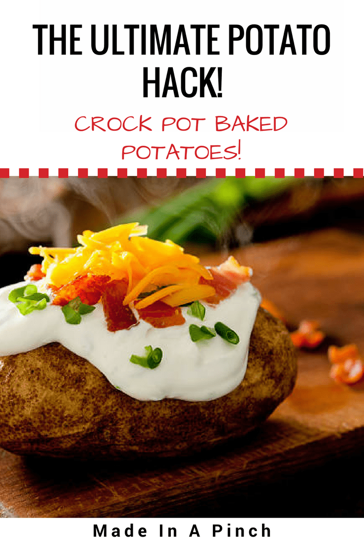 Keep the oven off and make baked potatoes in your slow cooker! Easy, effective and delicious! Get this recipe and many more at Made in a Pinch. For more recipes and tips follow us on Pinterest!