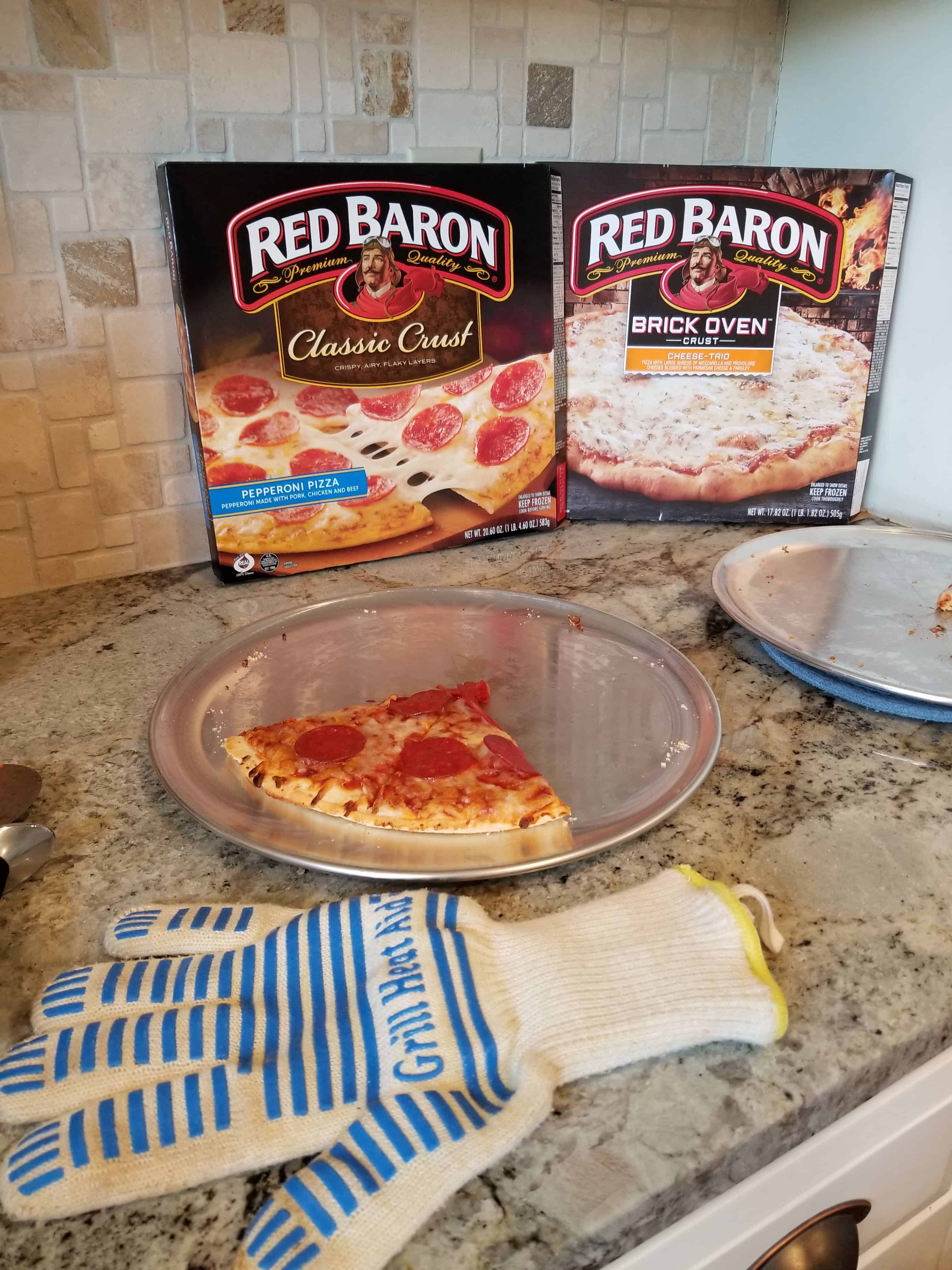 Red Baron pizza doesn't last in our house! Check out my simple tips for reducing summer chaos at Made In A Pinch! Red Baron pizza box with pizza leftovers shown