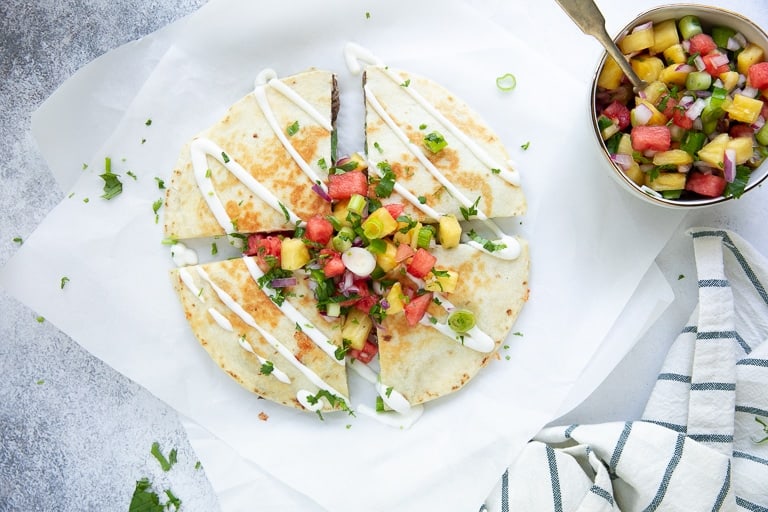 Steak-Quesadilla-with-Pineapple-Watermelon-Salsa is a fabulous quesadilla recipe! Get it at Made in a Pinch and follow us on Pinterest!