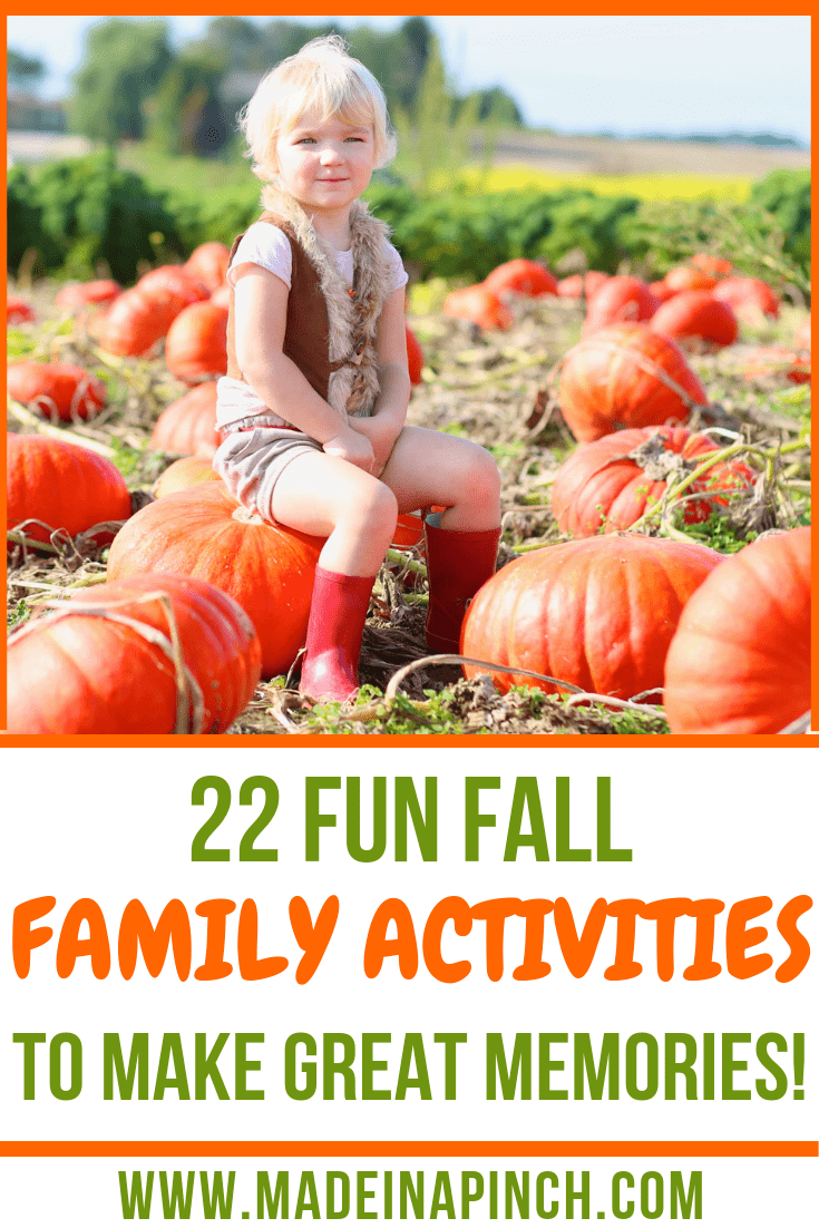 Fall is the perfect time to do fun family activities! Grab our list of 22 classic ideas to create lasting memories this year at Made in a Pinch. For more tips and family-friendly recipes, follow us on Pinterest!2