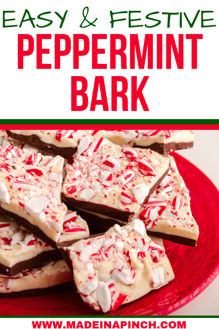 This easy peppermint bark recipe is quick and delicious! For more great recipes and helpful tips, visit us on Made in a Pinch and follow us on Pinterest!
