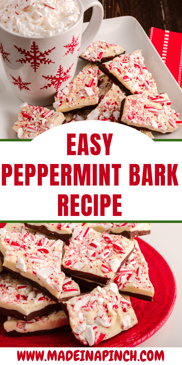 This easy peppermint bark recipe is quick and delicious! For more great recipes and helpful tips, visit us on Made in a Pinch and follow us on Pinterest!