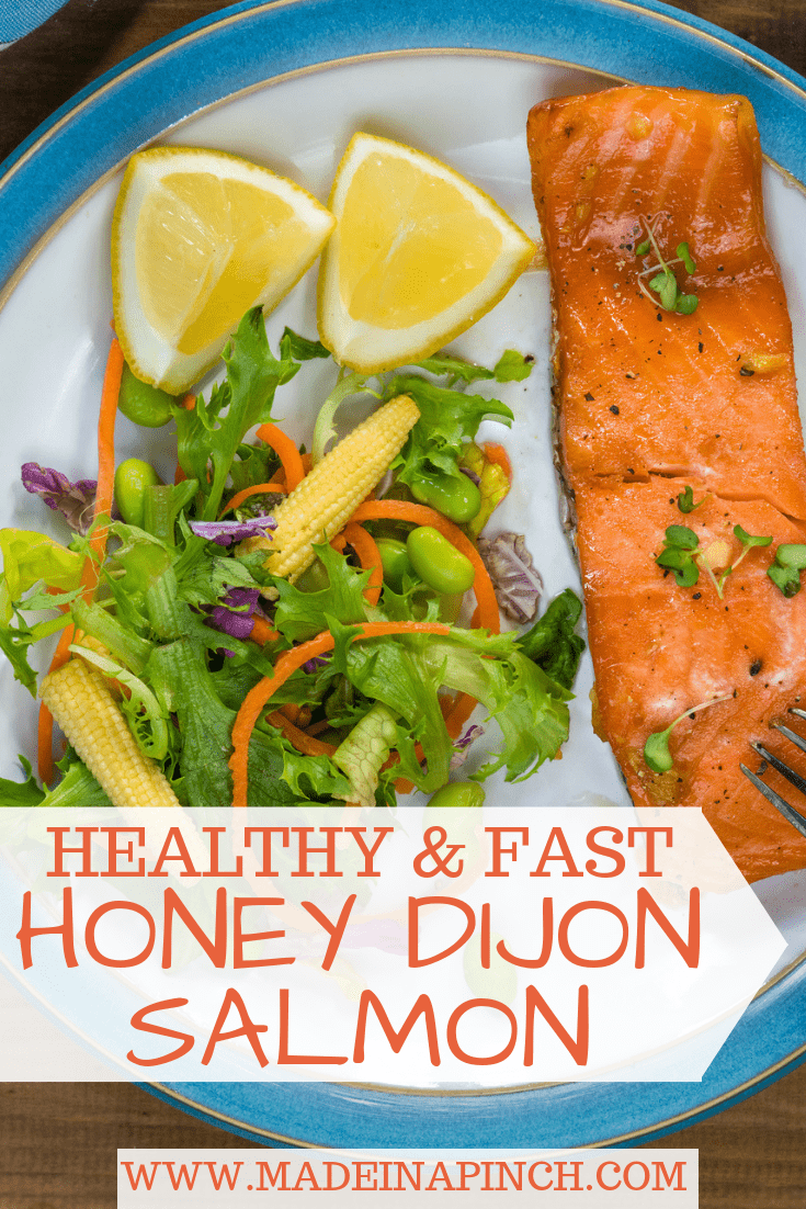 This easy, healthy, delicious honey dijon salmon makes a perfect weeknight meal! Grab our recipe at Made in a Pinch and follow us on Pinterest for more simple recipes and helpful tips!