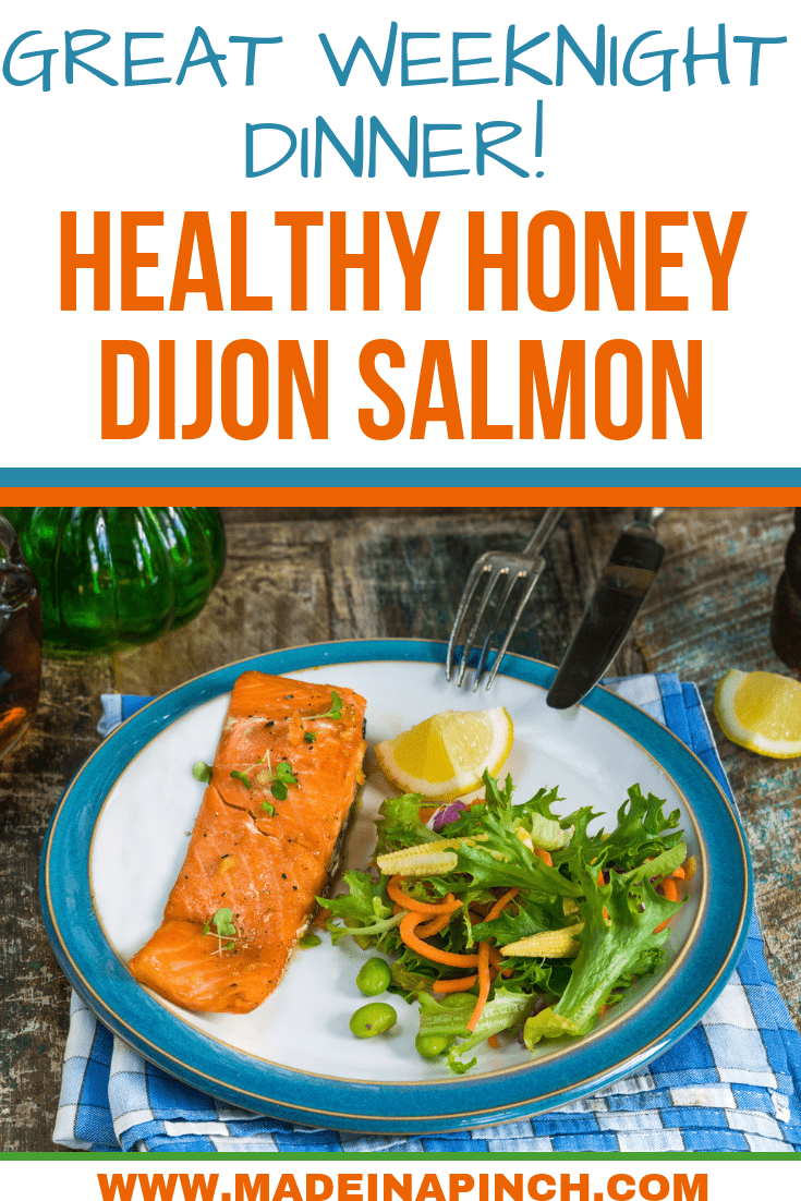 This easy, healthy, delicious honey dijon salmon makes a perfect weeknight meal! Grab our recipe at Made in a Pinch and follow us on Pinterest for more simple recipes and helpful tips!