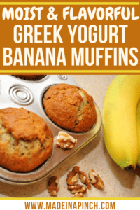 Two Banana Protein Muffins in a muffin tin on a speckled countertop with ripe bananas off to the left.