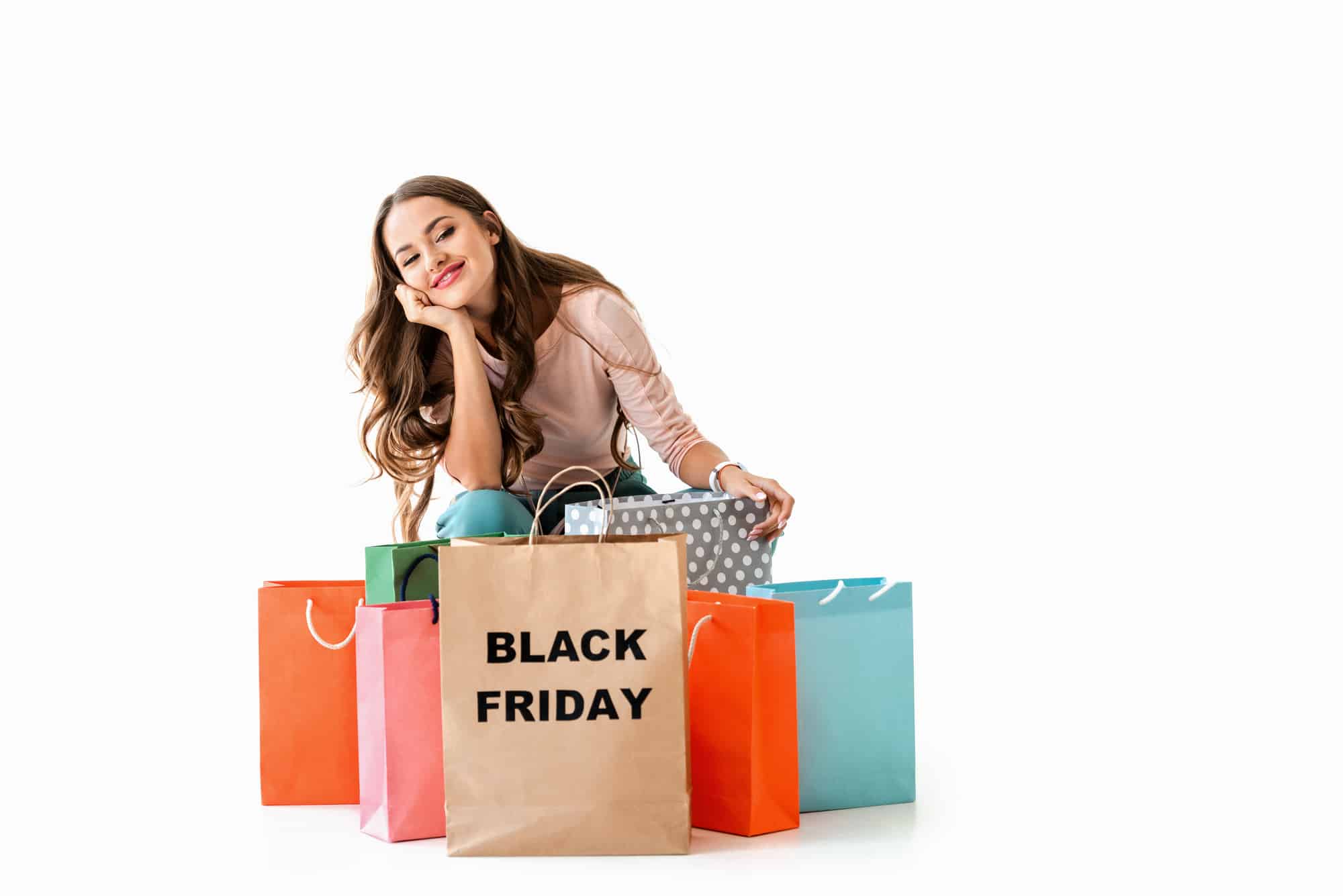 Lady with shopping bags that say Black Friday