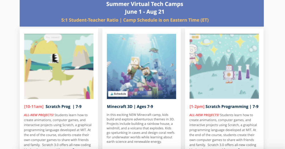 Kids 4 Coding camp homepage