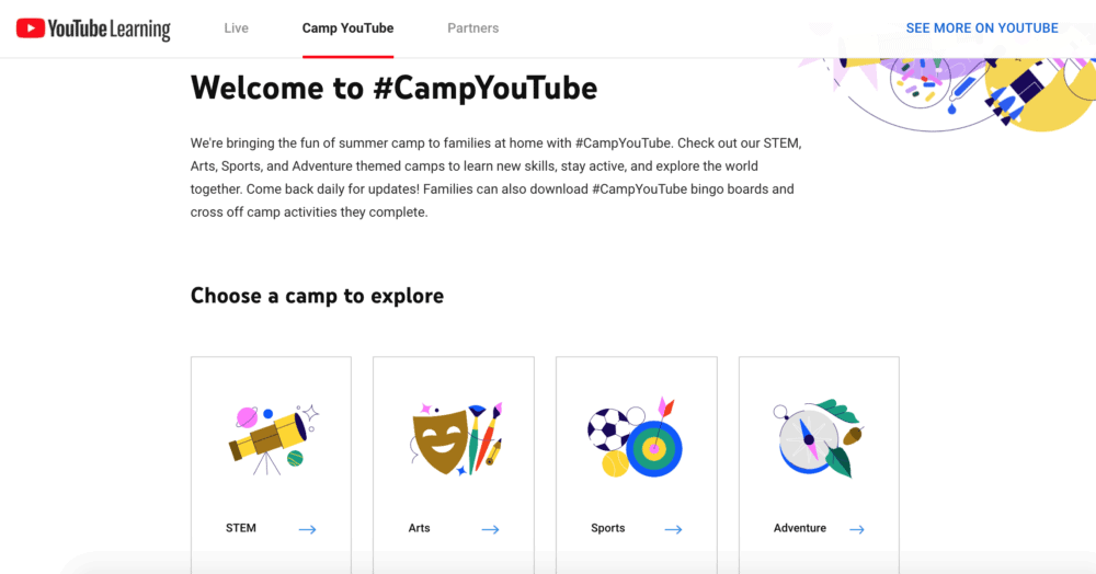 Camp YouTube summer camp homepage