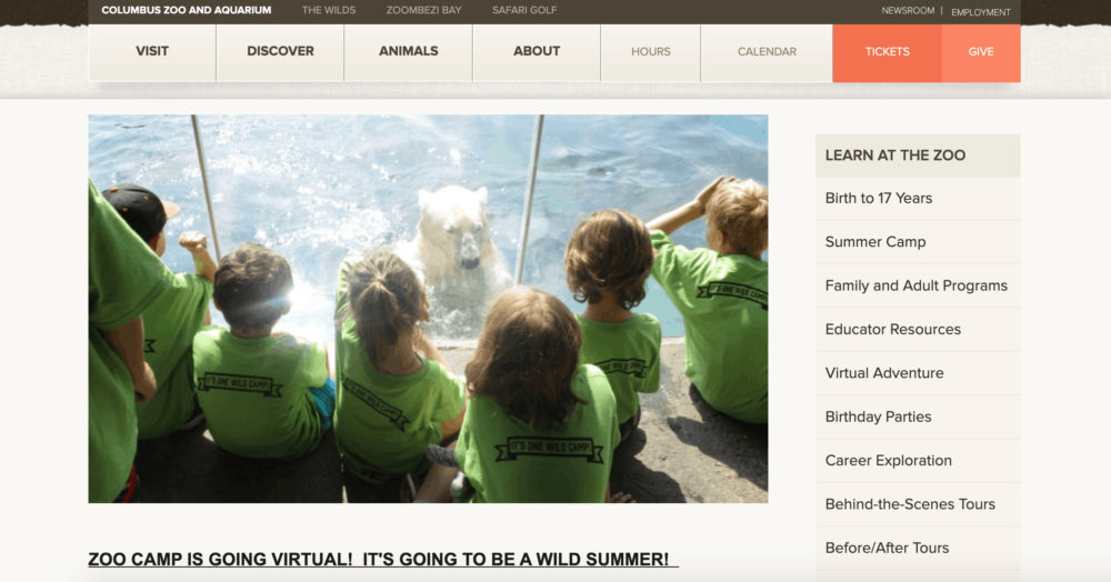 Columbus Zoo summer camp homepage