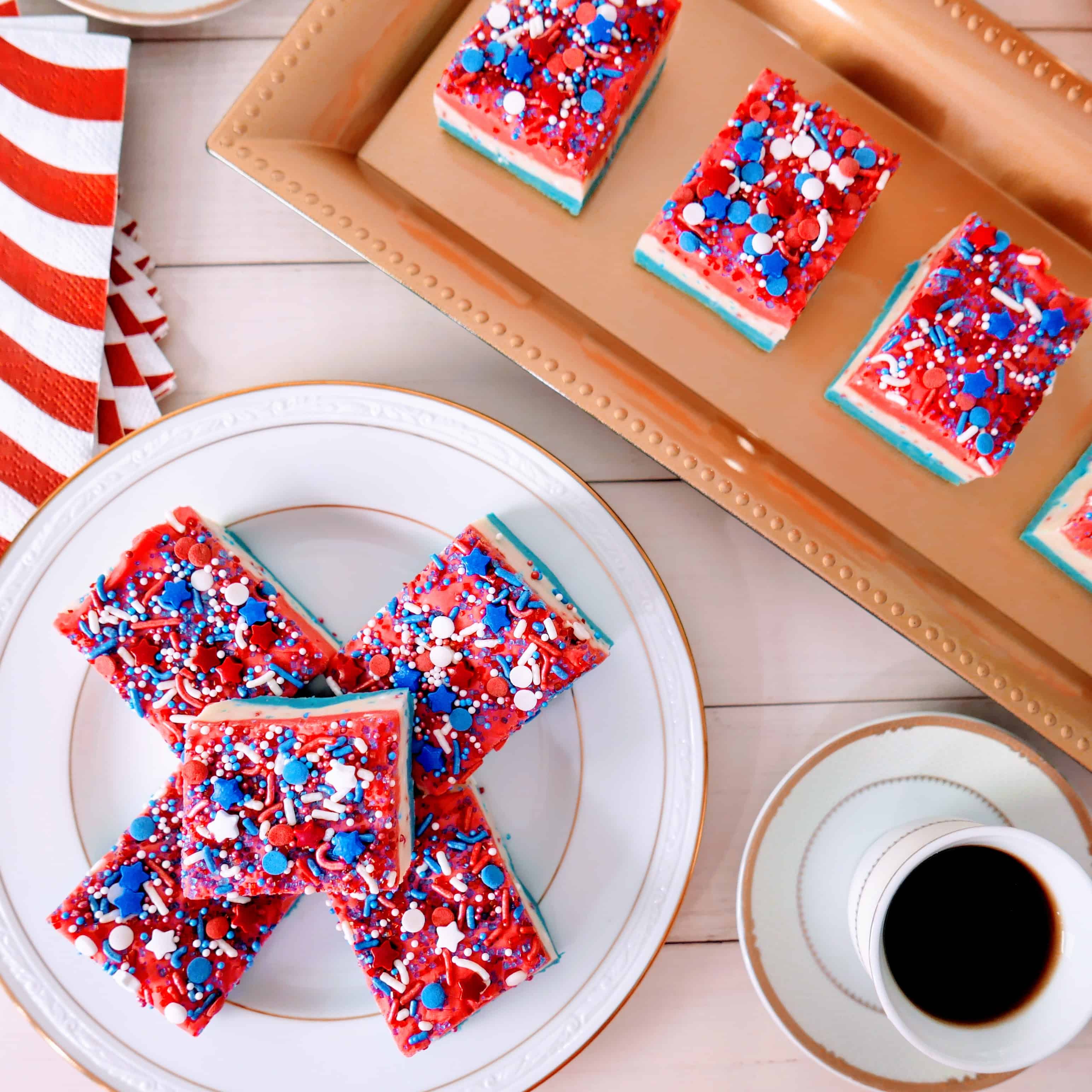 cut pieces of red, white, and blue fudge
