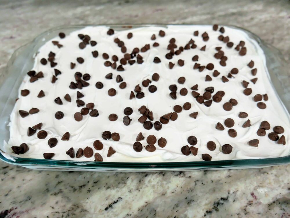 finished chocolate lasagna with chocolate chips on top