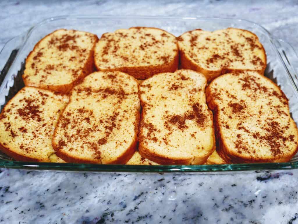 pan of french toast ready to bake