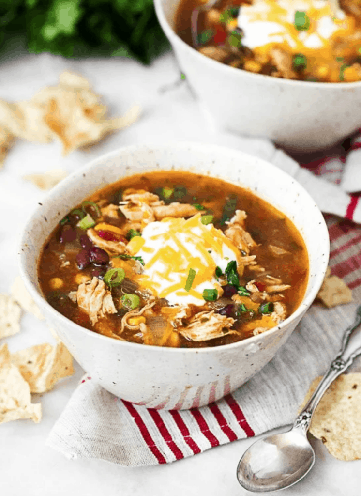 bowl of crock pot chicken enchilada soup