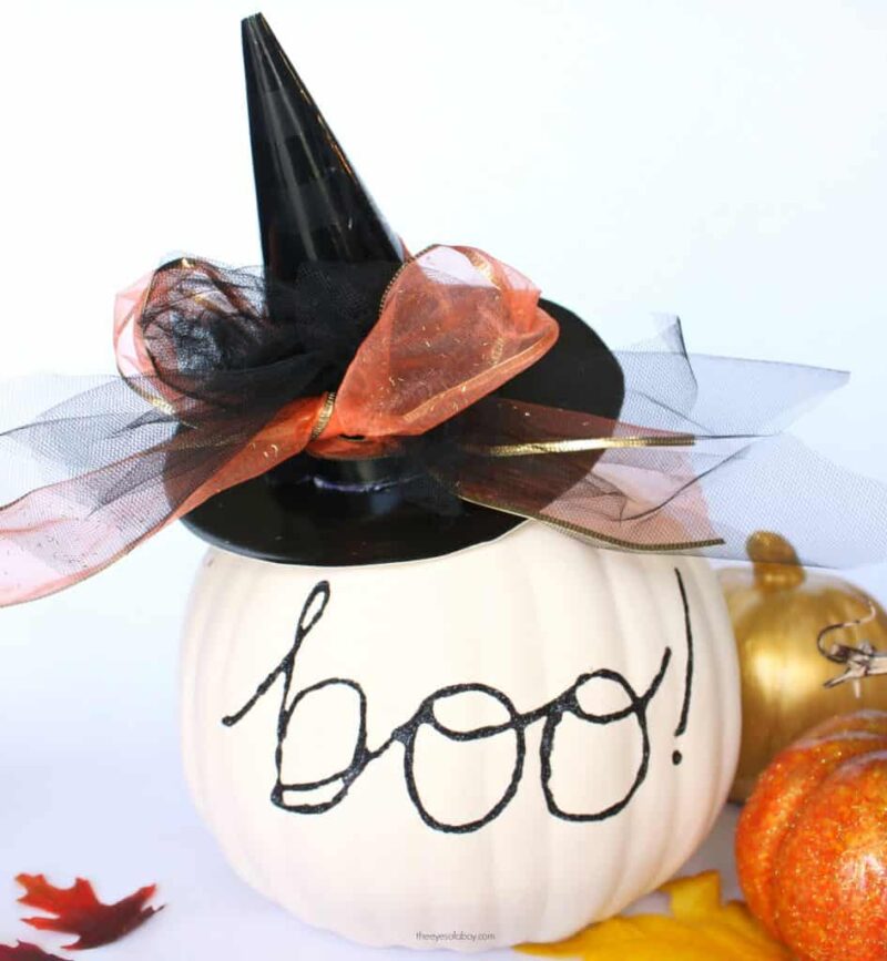 pumpkin decorated with a witch hat