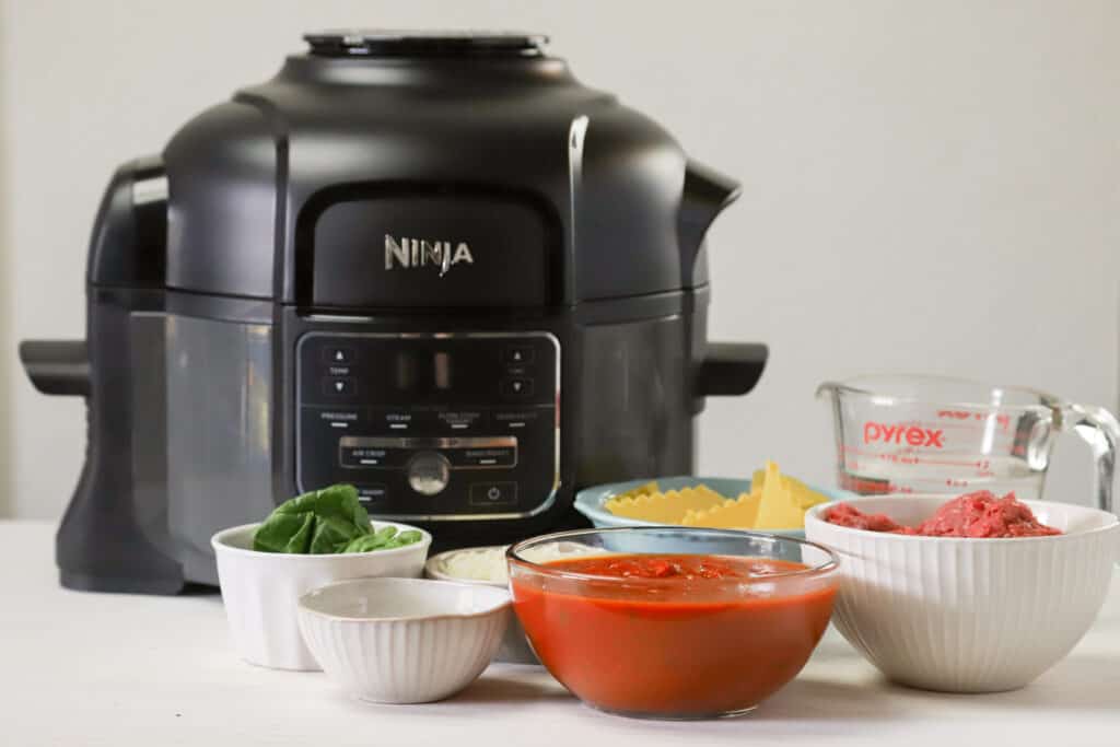 Instant pot lasagna soup recipe ingredients with a Ninja pressure cooker