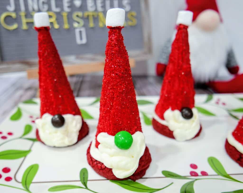 Constructed Santa gnome hats on a platter