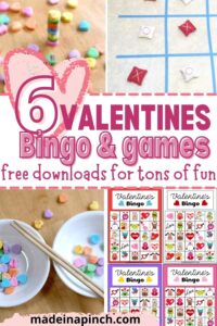 A collage for a Pinterest Pin showcasing six valentine's bingo cards, each styled differently with hearts and festive colors, accompanied by images of heart-shaped candies and a diy tic-tac-toe game with x and o pieces.
