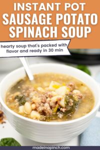 This insanely flavorful Sausage Potato Spinach Soup recipe is made in the Instant pot and is packed full of sausage, potatoes, onions, mushrooms, beans and spinach! When you want a hearty, healthy soup, this one is it!