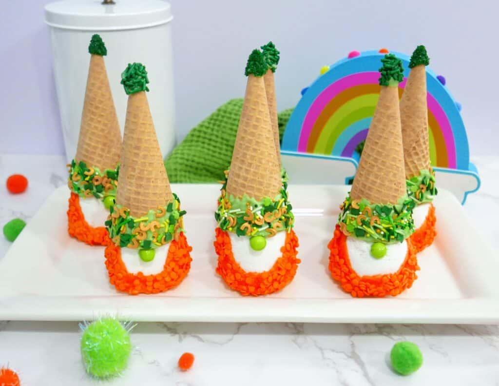 St. Patrick's Day gnomes on a white tray