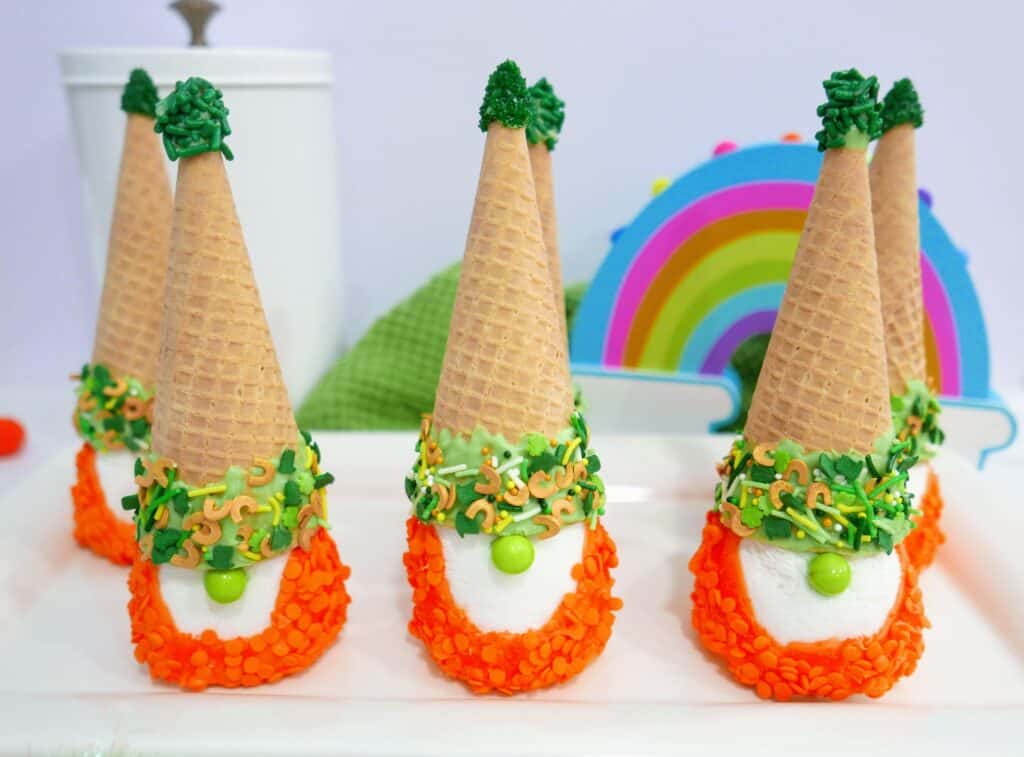 St. Patrick's Day gnomes on a white tray