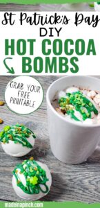 No matter how you celebrate, these St. Patrick’s Day Hot Cocoa Bombs add a fun twist to your St. Patrick’s Day celebrations! Why not make these adorable St. Patrick Hot Chocolate Bombs for the kids or to share? Drop one of these St. Patrick's Day hot chocolate bombs into a mug and pour hot milk over it. You'll get a fun surprise when the bomb explodes in your cup! #hotcocoabomb #hotchocolatebomb #stpatricksday | Made in A Pinch @madeinapinch