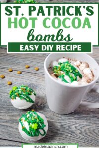 No matter how you celebrate, these St. Patrick’s Day Hot Cocoa Bombs add a fun twist to your St. Patrick’s Day celebrations! Why not make these adorable St. Patrick Hot Chocolate Bombs for the kids or to share? Drop one of these St. Patrick's Day hot chocolate bombs into a mug and pour hot milk over it. You'll get a fun surprise when the bomb explodes in your cup! #hotcocoabomb #hotchocolatebomb #stpatricksday | Made in A Pinch @madeinapinch