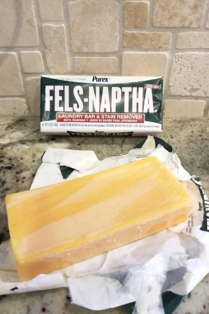 2 bars of Fels-Naptha soap: one in the package and one out