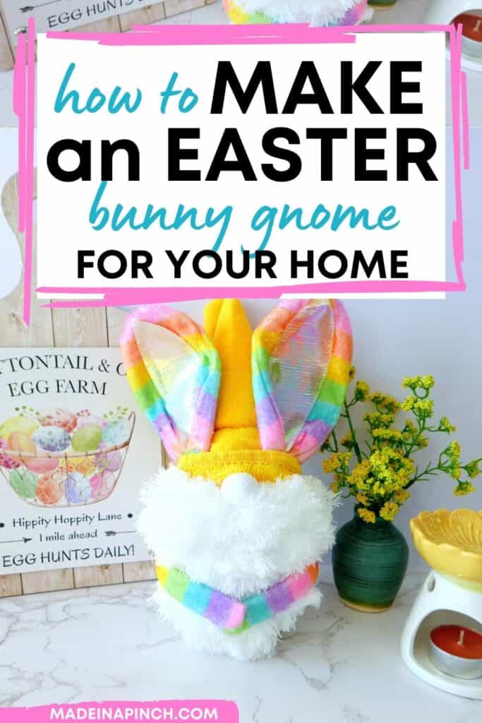 Easter gnomes are so cute! Click through to learn how to make a no-sew Easter bunny gnome with simple, cheap, and easy-to-find supplies like a foam craft cone and a pair of socks. Have fun crafting today and end up with a piece of decor you'll love to display! #Easter #DIY #bunny #gnome