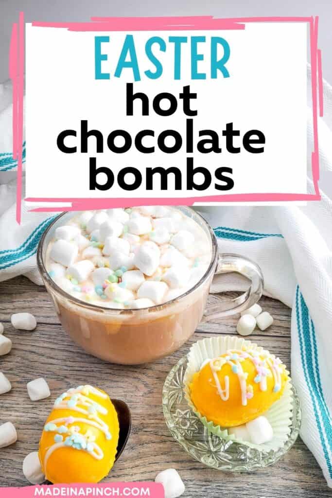 Hot chocolate isn't just for the winter! You have permission to enjoy your favorite velvety decadent drink all year long, and these fun Easter hot cocoa bombs are just the way to enjoy them for spring. Pour warm milk over these hot chocolate bombs and watch mini marshmallows and chocolate explode out. Kids have SO much fun with them, and they make fun, edible gifts! Click through to find fun options for adding variety to your Easter cocoa bombs.  #hotcocoabombs #hotchocolatebombs #easter #easterrecipes #madeinapinch