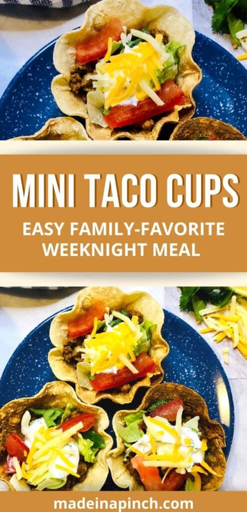 These homemade taco cups are super simple to make and equally as versatile so you can make them according to your family's preference - or change them up if you want variety! These gluten-free easy Taco Cups are made with tortillas for a simple family-favorite healthy dinner! They're the perfect finger food appetizer for parties and game days, or the best family dinner that kids actually love. Add all your favorite tacos toppings for the perfect weeknight meal! #tacocups #tacocupswithtortillas #glutenfree #tortillabowls #weeknightdinner