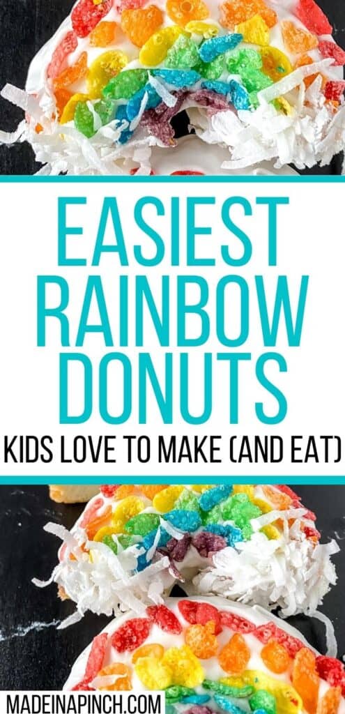 A deliciously fun and quick activity - and TREAT! These rainbow donuts are insanely quick to make, perfect for any day you want a little sunshine in your life or St. Patrick's Day, and a GREAT way to let kids work on their color sorting skills! Make these fun donuts with fruity pebbles, white frosting, and coconut! They are SO easy to make that you'll do it again and again to your kids' delight! Just click through to get the recipe 10-minute recipe. #stpatricksday #donuts #rainbowdonuts | Made in A Pinch @madeinapinch