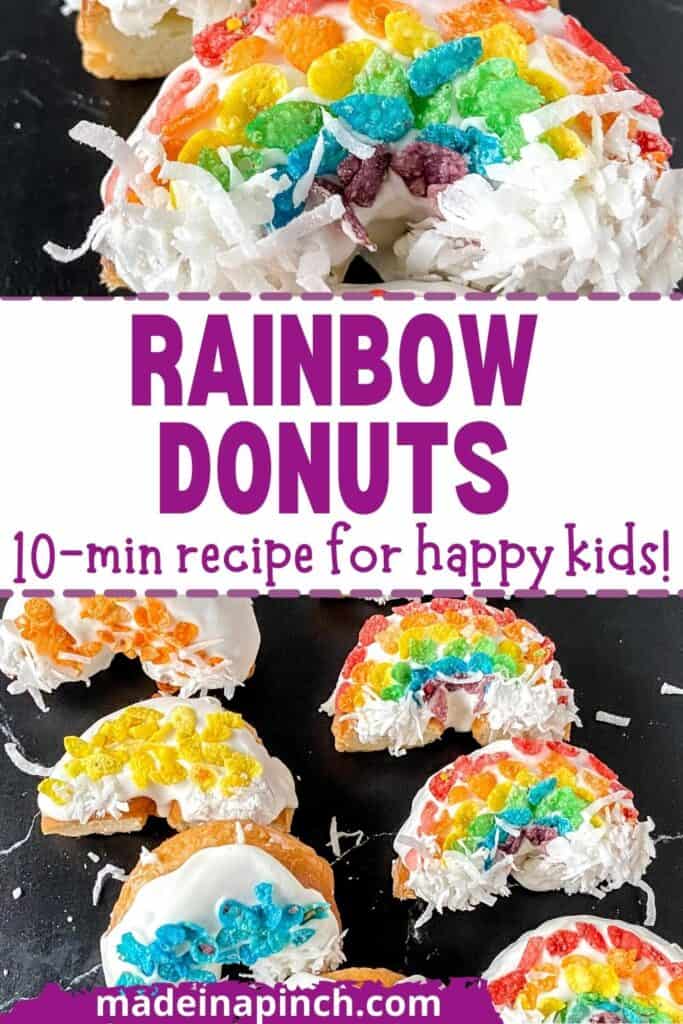 A deliciously fun and quick activity - and TREAT! These rainbow donuts are insanely quick to make, perfect for any day you want a little sunshine in your life or St. Patrick's Day, and a GREAT way to let kids work on their color sorting skills! Make these fun donuts with fruity pebbles, white frosting, and coconut! They are SO easy to make that you'll do it again and again to your kids' delight! Just click through to get the recipe 10-minute recipe. #stpatricksday #donuts #rainbowdonuts | Made in A Pinch @madeinapinch