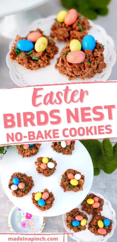 data-pin-description="Chocolate and Peanut Butter Bird’s Nest Cookies - a sweet Easter treat that is quick, easy, and FUN to make! These bird's nest treats have a twist from the typical way of making them and are kid-approved and lip-smackin' good!! These Easter Bird's Nest cookies are a traditional Easter recipe with a fun new twist. Plus they're SO CUTE! #Easter #birdsnest #nobake #cookies #dessert #treats #holidays | Made in A Pinch @madeinapinch"