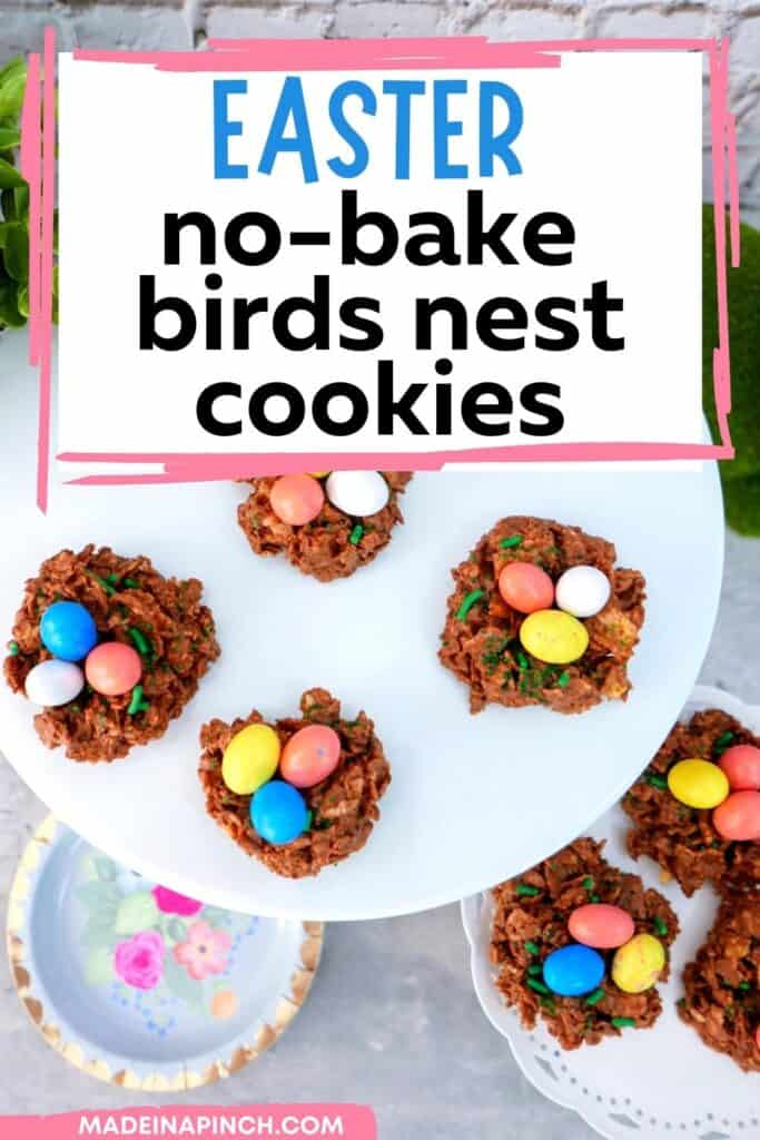 Chocolate and Peanut Butter Bird’s Nest Cookies - a sweet Easter treat that is quick, easy, and FUN to make! These bird's nest treats have a twist from the typical way of making them and are kid-approved and lip-smackin' good!! These Easter Bird's Nest cookies are a traditional Easter recipe with a fun new twist. Plus they're SO CUTE! #Easter #birdsnest #nobake #cookies #dessert #treats #holidays 