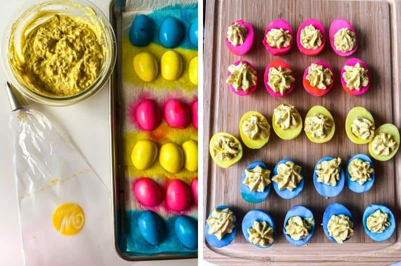 image collage of dyed egg whites and mixed yolk filling and filled colored deviled eggs on a tray