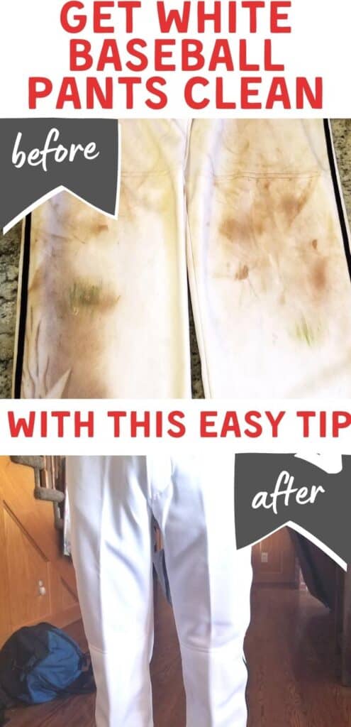 This magical tip will clean white softball and baseball pants easily and effectively! Use these step-by-step instructions to remove stains quickly - there's even a great tip to get those really stubborn grass or red clay stains OUT! #howtocleanbaseballpants #youthbaseball #baseballpants #clean #momtips