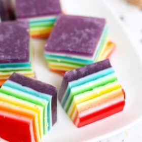 rainbow jello squares on plate