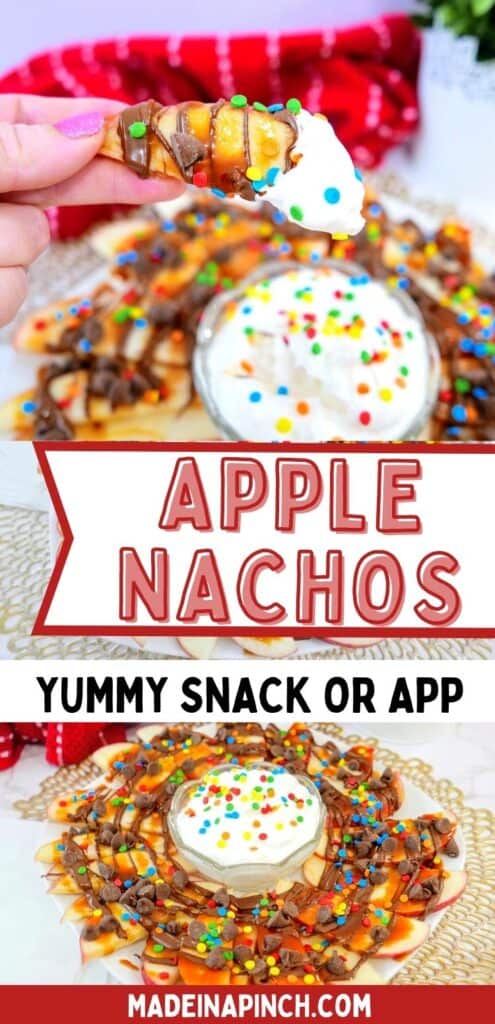 Make this super easy Apple Nachos snack for your kids. It's a fun twist on an already kid-friendly food that will please even the pickiest of eaters! The best part about a snack is that it comes together quickly and with only a few ingredients. These apple nachos are a perfect snack because all you need to do is slice up an apple and sprinkle on your favorite toppings! The accompanying fruit dip is completely optional (but heavenly)! | #kidfriendlysnacks #easysnackrecipes #applerecipes #healthysnacks #summersnacks  #freshfruitrecipes #madeinapinch