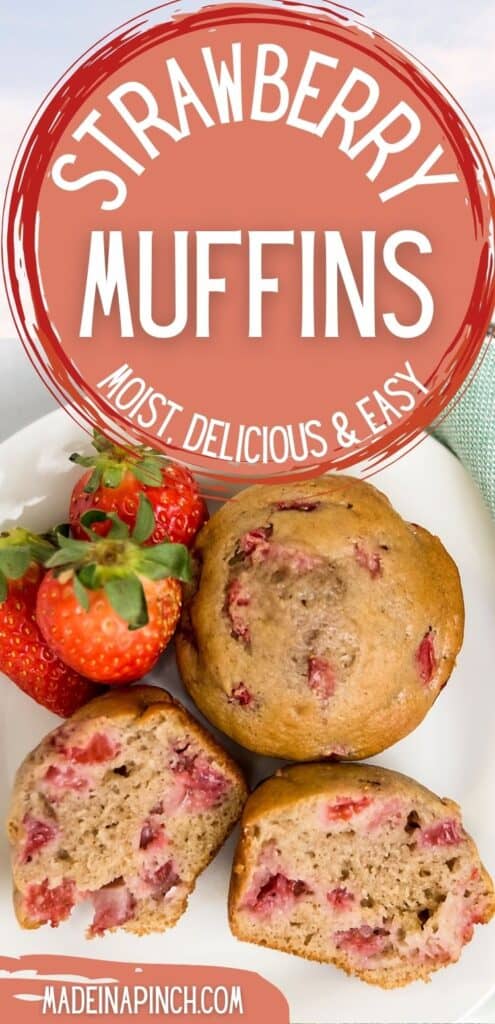 The PERFECT spring and summertime muffin! Pockets of juicy fresh strawberries in soft, protein-filled strawberry muffins that are so delicious, they'll delight the pickiest of eaters. Make them with fresh or frozen strawberries and serve for breakfast, brunch, snacks, or dessert! #strawberrybread #strawberrymuffins #strawberryrecipes | Made in A Pinch @madeinapinch