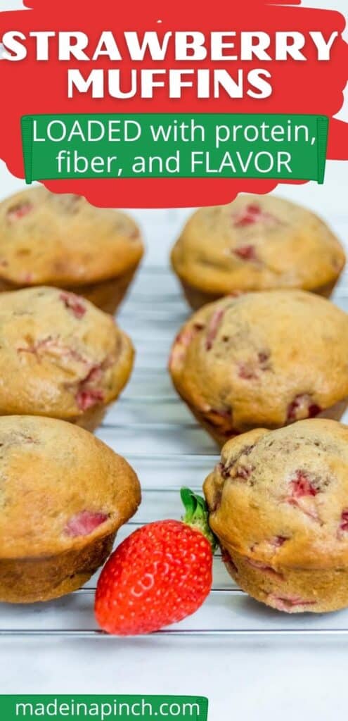 The PERFECT spring and summertime muffin! Pockets of juicy fresh strawberries in soft, protein-filled strawberry muffins that are so delicious, they'll delight the pickiest of eaters. Make them with fresh or frozen strawberries and serve for breakfast, brunch, snacks, or dessert! #strawberrybread #strawberrymuffins #strawberryrecipes | Made in A Pinch @madeinapinch