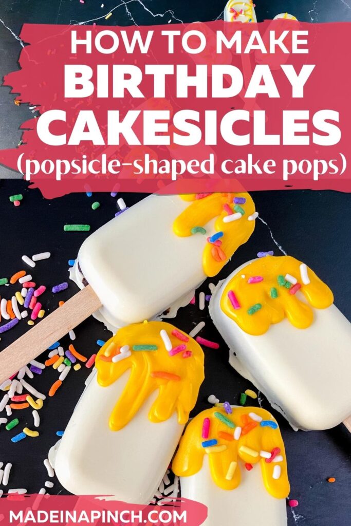 Cakesicles are popsicle-shaped cake pops with a chocolate shell & delicious cake/frosting filling. They are super easy to make, delicious, and won't crack, leak, or fall off the stick. This cakesicle idea is a FUN, individual serving dessert that's perfect for birthdays, parties, or any occasion! #cakesicles #cakepops #whitechocolate #birthday #chocolatecake #dessert #party