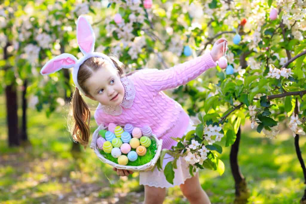 Child on Easter egg hunt in blooming cherry tree garden