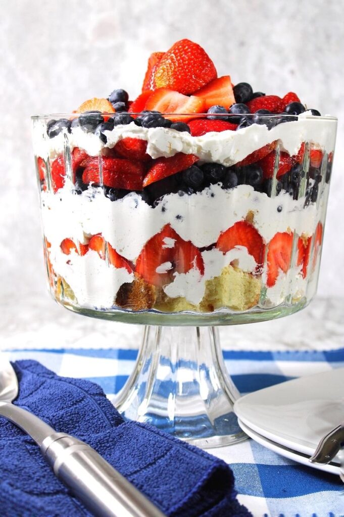 red, white, and blue trifle in a large bowl closeup