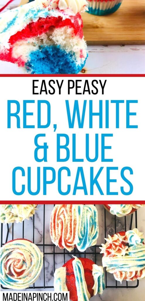 easy peasy red, white, and blue cupcakes long pin image