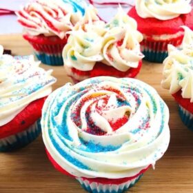 red, white, and blue cupcake closeup
