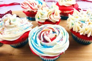 red, white, and blue cupcake closeup