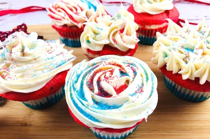 closeup of red white blue cupcakes