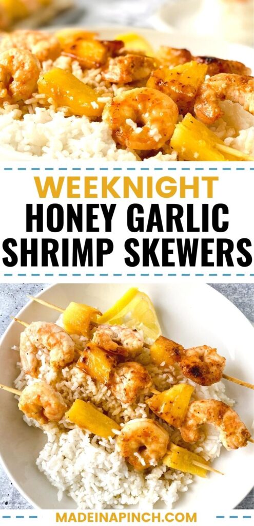 Honey Garlic Shrimp and Pineapple Skewers! These shrimp kabobs are cooked in the most mouth-watering honey garlic butter sauce! This family favorite is bursting with flavor and yet super quick to make for a weeknight dinner. Cook in a pan, the oven, or grill! #shrimp #honeygarlic #pineapple #kabobs